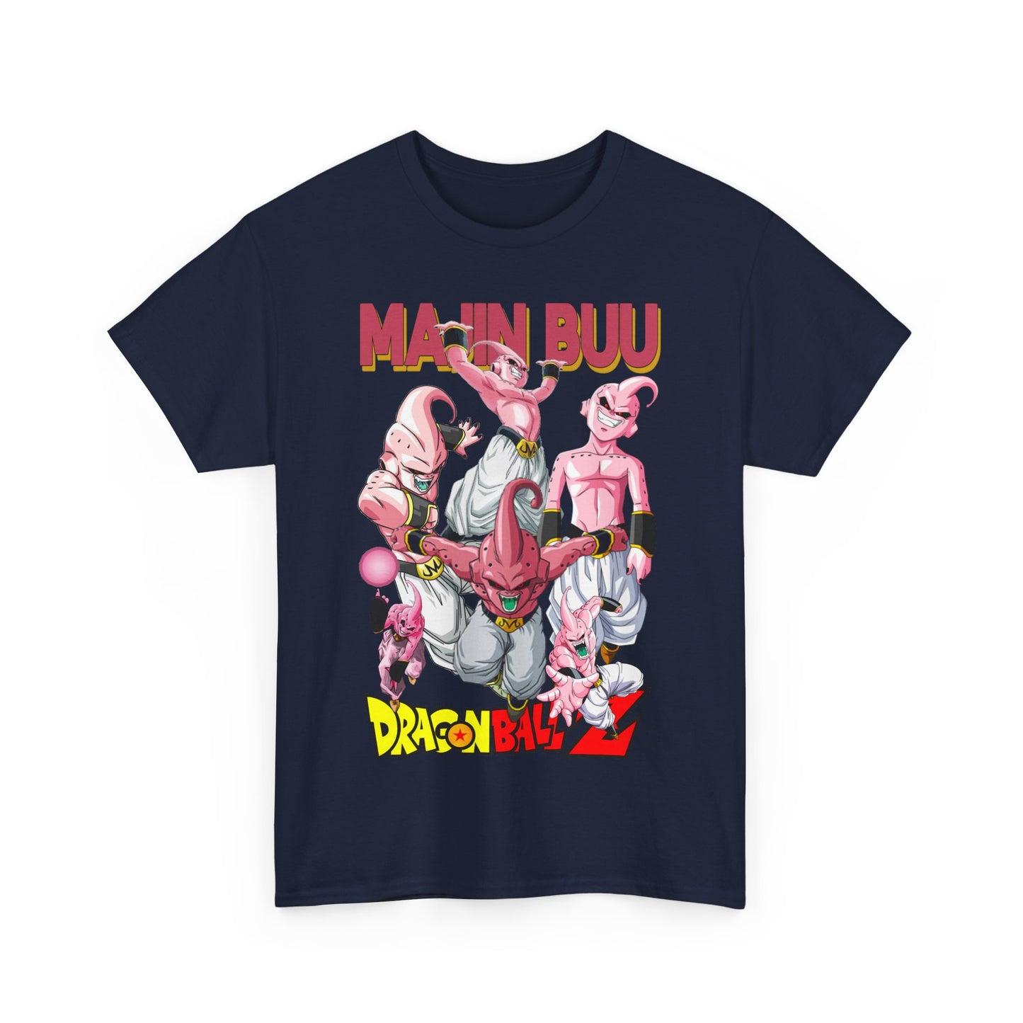 Luxury Majin Buu graphic t-shirt featuring vibrant illustrations of pinkish-purple humanoid characters against a navy background, showcasing bold 'MAJIN BUU' and 'DRAGON BALL Z' branding.