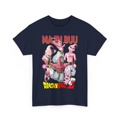 Luxury Majin Buu graphic t-shirt featuring vibrant illustrations of pinkish-purple humanoid characters against a navy background, showcasing bold 'MAJIN BUU' and 'DRAGON BALL Z' branding.