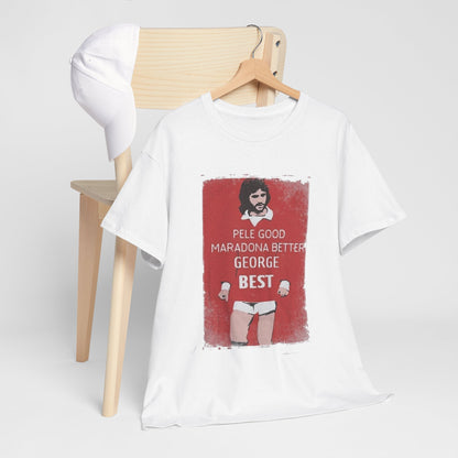 Chic George Best Football Legend T-Shirt on a wooden chair with a cap, highlighting the vintage ‘Pele Good, Maradona Better, George Best’ design, perfect for match day elegance.
