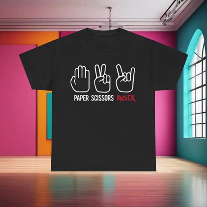 Rock Paper Scissors Graphic T-Shirt Urban Unisex Cotton Tee showcased in a vibrant interior, highlighting the playful design with hand gestures and striking text.