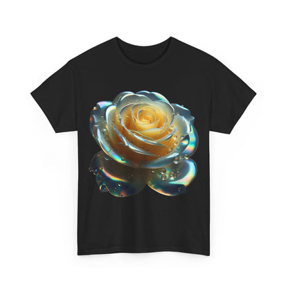 The Ethereal Rose Tee Unisex Cotton Graphic T-Shirt in black, featuring a captivating close-up of a transparent rose embellished with delicate water droplets, epitomising luxurious design.