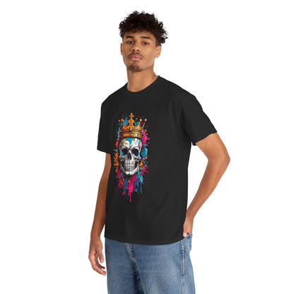 Stylish model wearing a premium men’s T-shirt displaying a striking skull crowned with gold, complemented by an explosion of vibrant blue, pink, and orange paint, embodying a regal aesthetic.