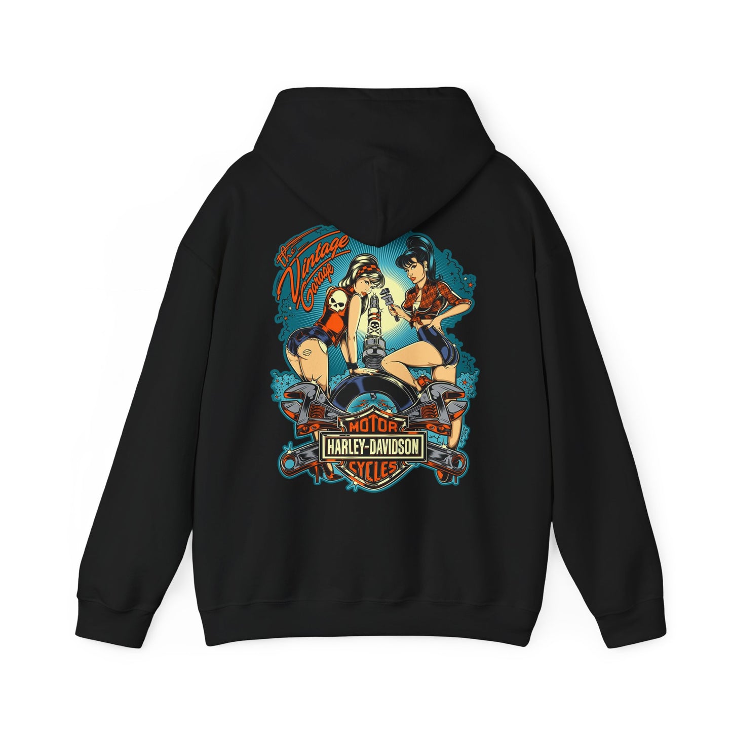 Chic black vintage garage hoodie showcasing an eye-catching back design of pin-up women and a motorcycle, surrounded by whimsical elements, perfect for the fashion-forward individual.