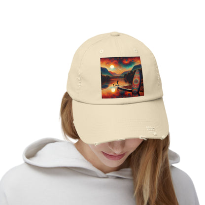 Unisex Distressed Paddleboarders Cap worn by a model, highlighting its fashionable design and sun protection features for paddleboard lovers.