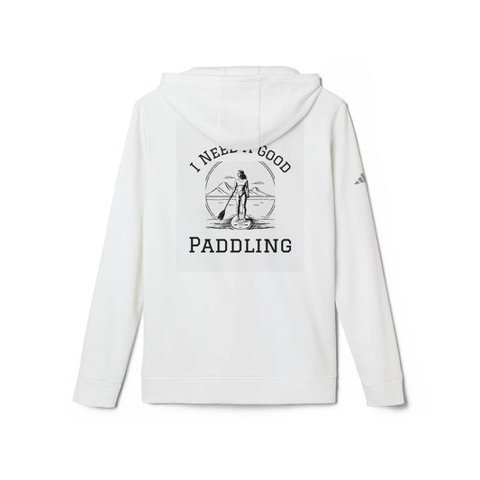 Adidas Women's Fleece hoodie with 'I Need a Good Paddling' design, back view, stylish white fabric perfect for paddleboard enthusiasts.
