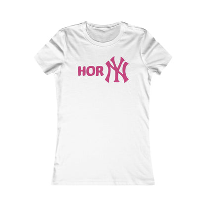 Playful Women's T-Shirt with Cheeky 'HORNY' NY Funny Inspired Graphic Design displayed humorously on a mannequin.