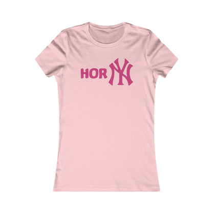 A stylish flat lay of the Playful Women's T-Shirt with Cheeky 'HORNY' NY Funny Inspired Graphic Design, showcasing its soft fabric and trendy appeal.