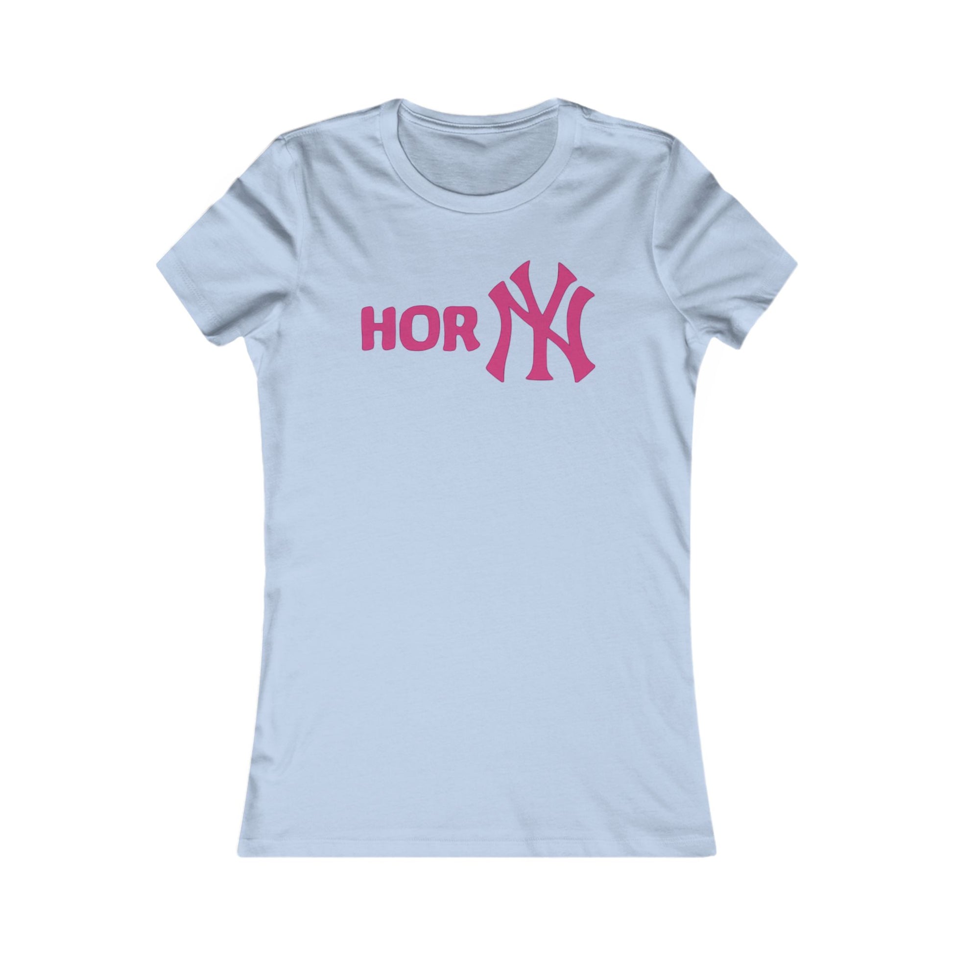 Playful Women's T-Shirt with Cheeky 'HORNY' NY Funny Inspired Graphic Design displayed on a hanger, perfect for those who love playful and sassy fashion.