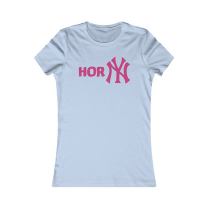 Playful Women's T-Shirt with Cheeky 'HORNY' NY Funny Inspired Graphic Design displayed on a hanger, perfect for those who love playful and sassy fashion.