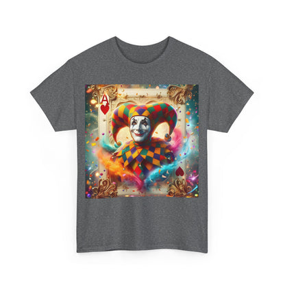 Front view of the Harlequin Playing Card Graphic Tee showcasing a vibrant playing card graphic with a harlequin pattern, ideal for elevating everyday luxury style.