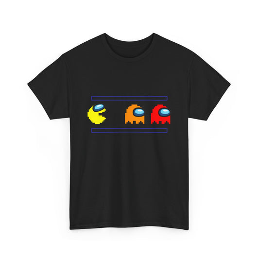 Elegant display of the Pac Man Amongst Us Unisex Men Women Graphic Funny T Shirt Tee Urban showcasing pixelated ghosts and Pac-Man design, perfect for gamers.