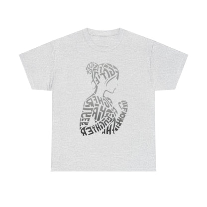 Fighter Girl Graphic Unisex T-Shirt - Artistic Typography Design displayed in a luxurious grey fabric, showcasing a unique word-art silhouette of an empowered woman.