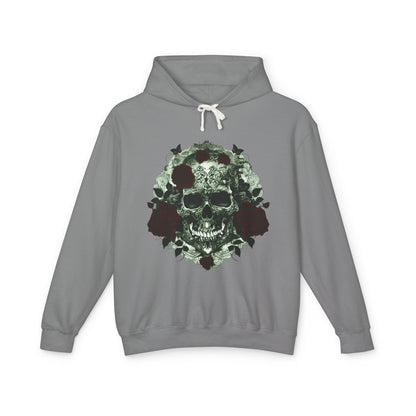 Unisex Lightweight Hooded Sweatshirt in grey showcasing the unique designer skull and roses design on a plain background.