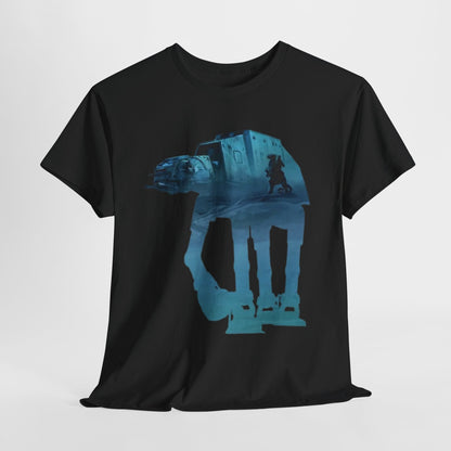 Luxury Star Wars AT-ST vs Tauntaun funny graphic unisex t-shirt in a sleek black design, showcasing an artistic depiction of the iconic AT-ST walker.