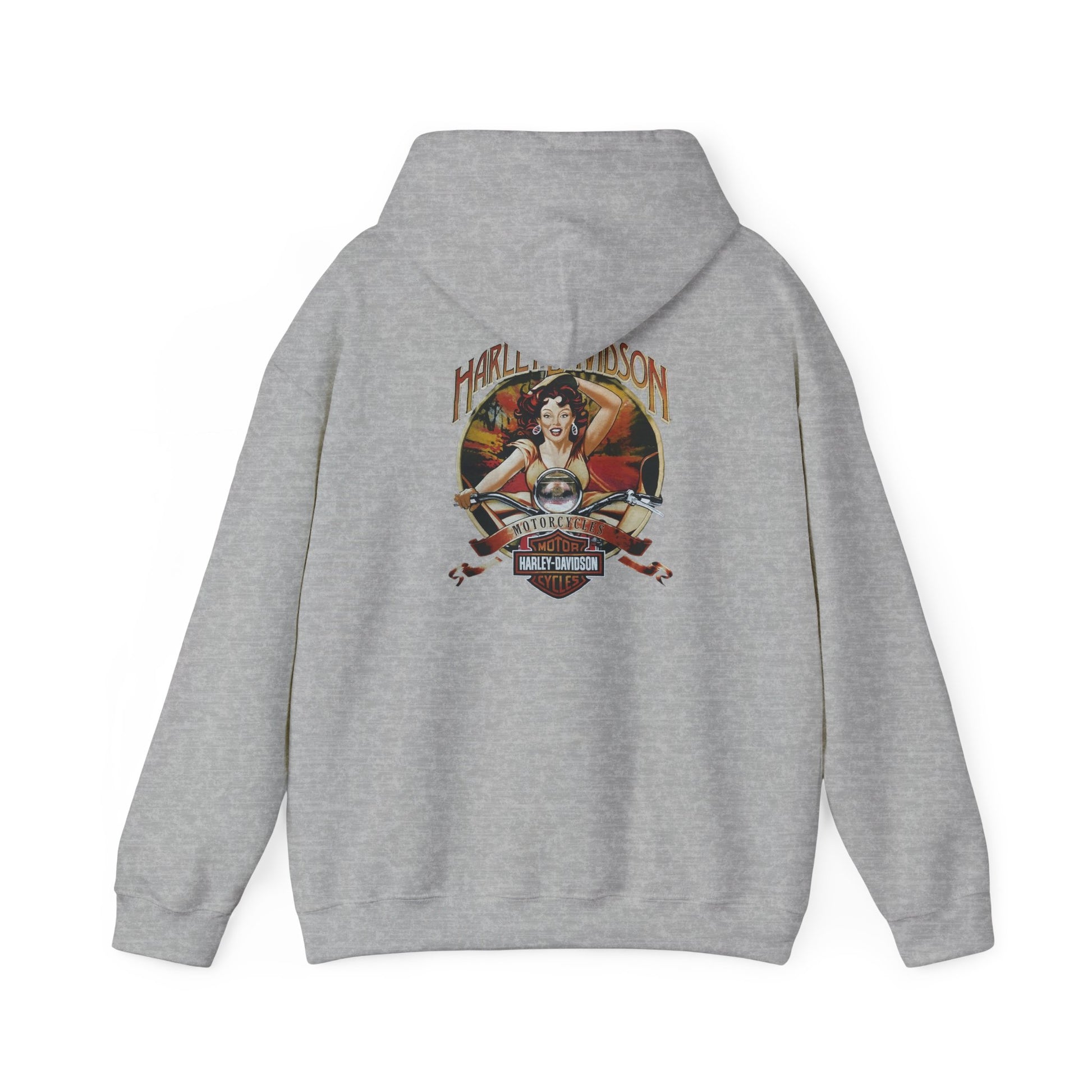 Elegant back view of a grey Harley-Davidson hoodie, featuring a captivating vintage pin-up art, perfect for adding a touch of retro chic to any wardrobe.