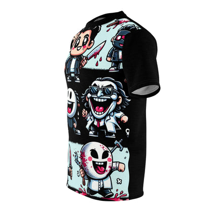 Stylish model wearing the Spooky Doodles McHauntley T-Shirt from Dazzling Dreams Studio, capturing the essence of vibrant and whimsical graphic design.