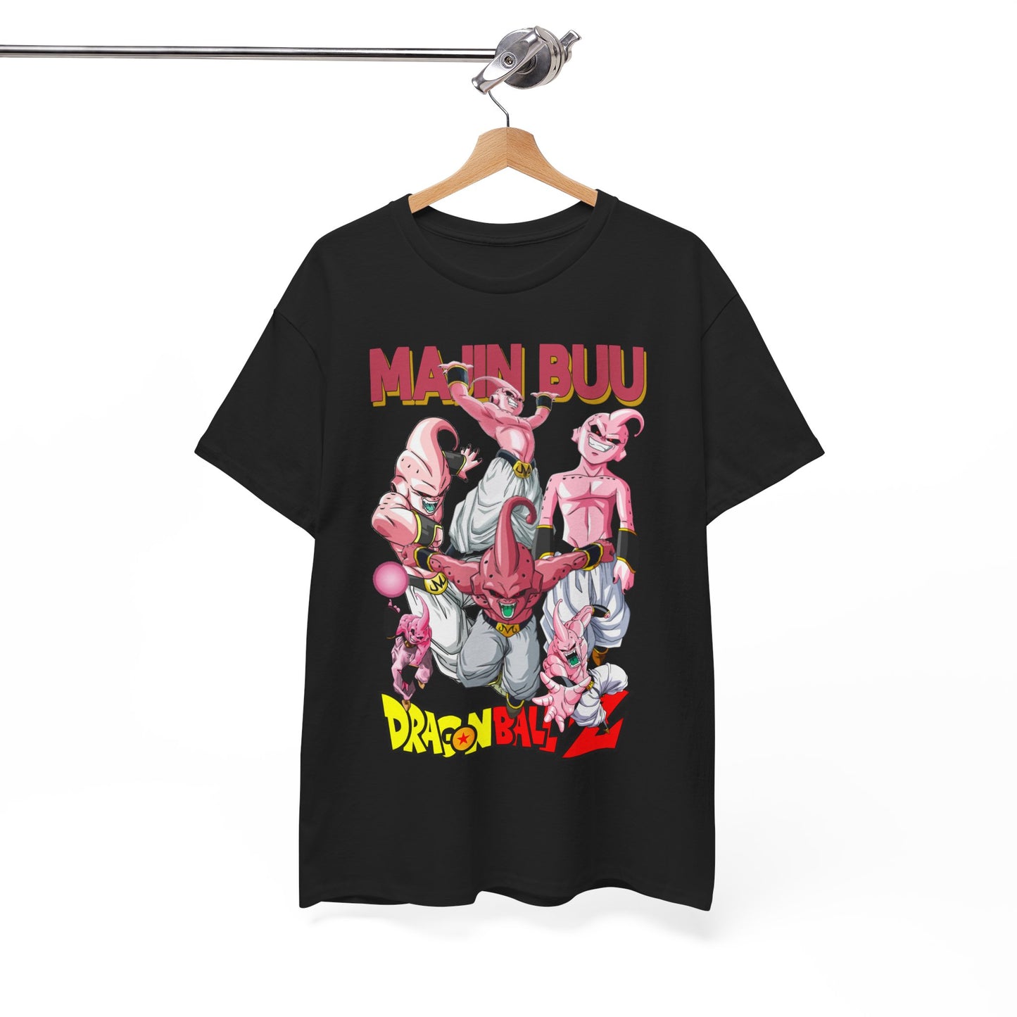 Majin Buu T-shirt hanging elegantly, featuring colourful characters and iconic 'MAJIN BUU' branding, set against a sophisticated display, perfect for stylish anime aficionados.