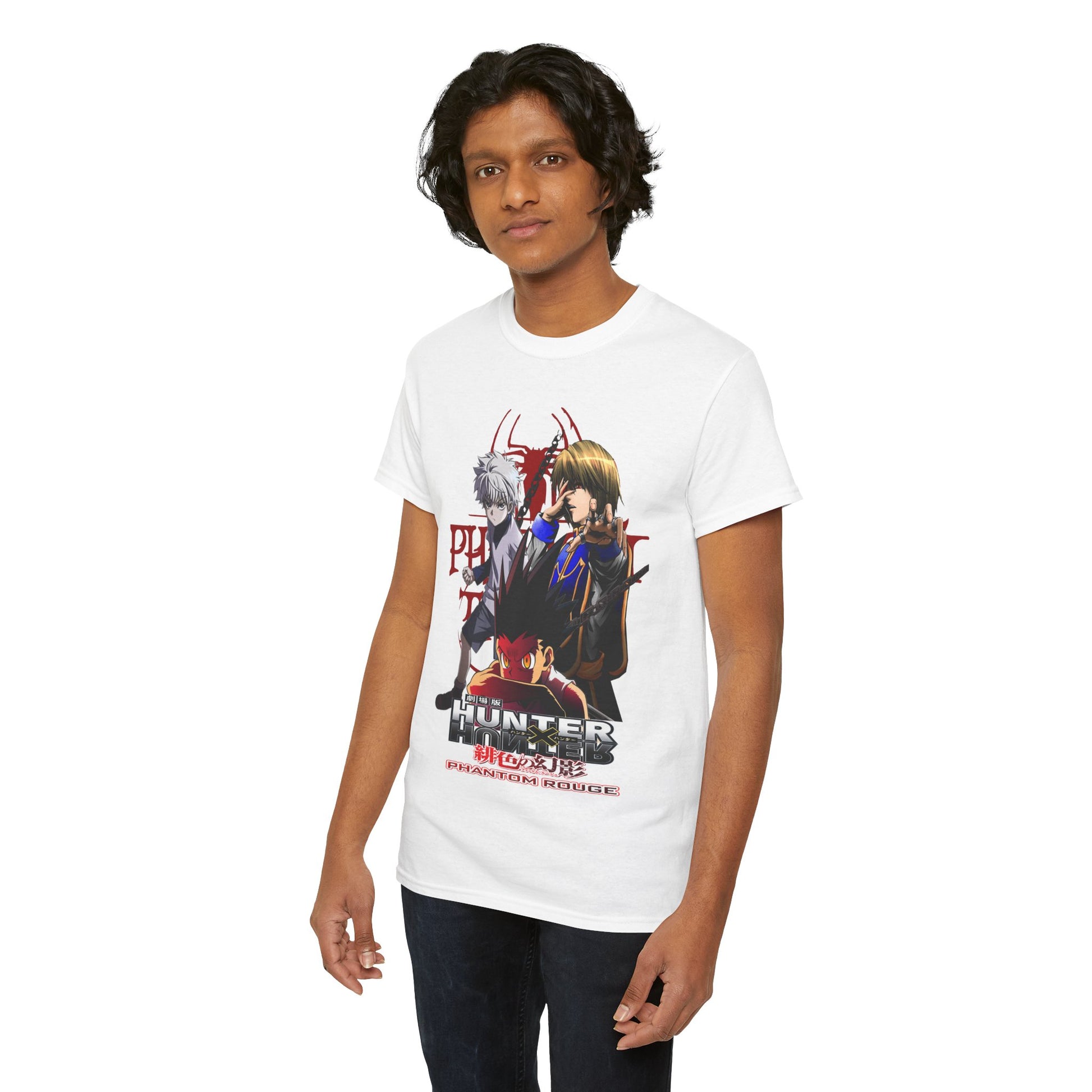 Elegant portrayal of a model in the luxurious Hunter x Hunter T-shirt, highlighting the iconic characters and premium fabric, ideal for fashionable anime lovers.
