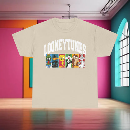 Looney Tunes Graphic T-Shirt Urban Unisex Cotton Tee presented in soft beige, featuring a rich illustration of classic characters in a luxurious fabric.