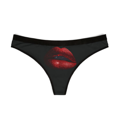 Luxurious women's thong featuring a striking graphic of glossy red lips on a sleek black background, perfect for a cheeky Valentine's gift.