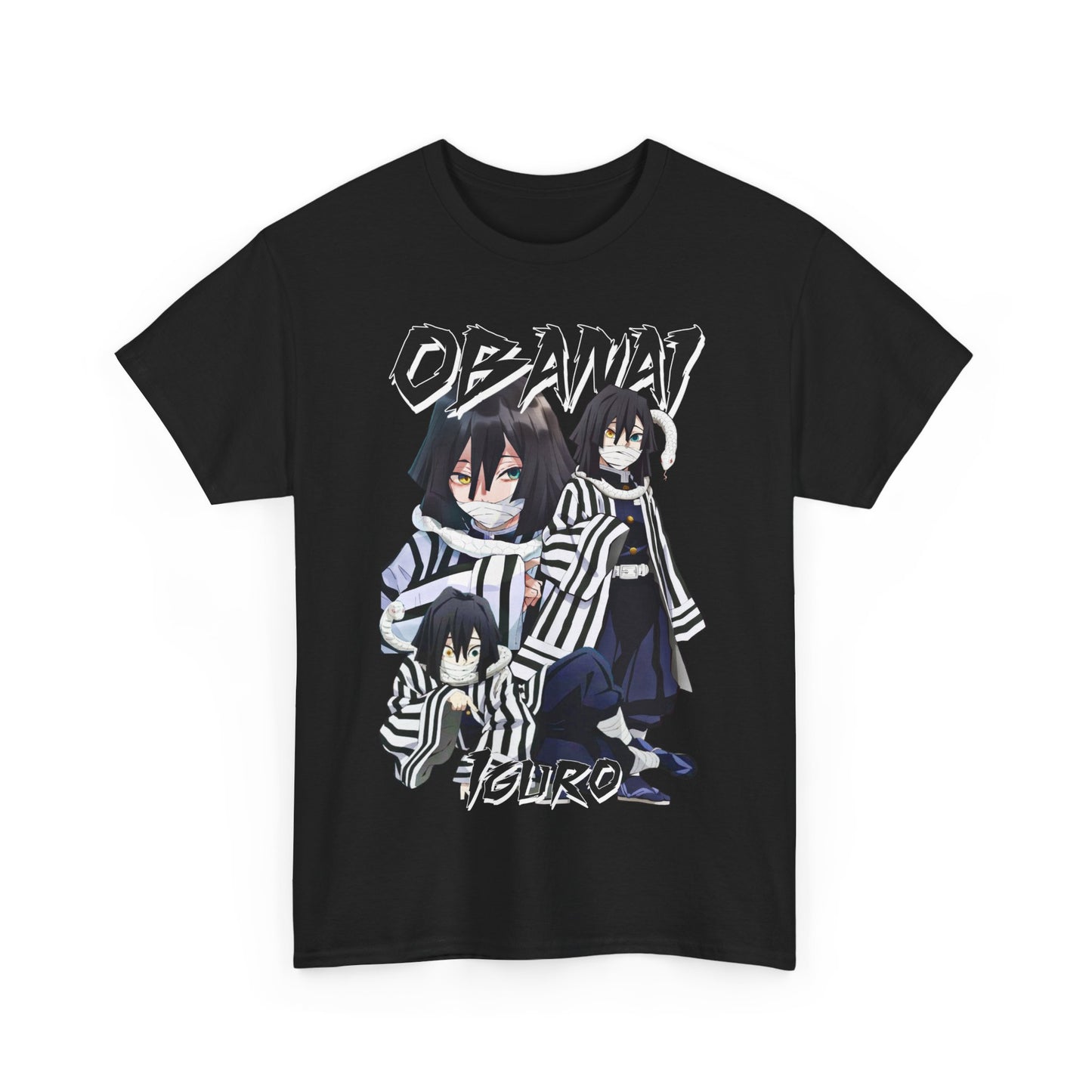 Sophisticated black T-shirt adorned with a striking design of Obanai Iguro, combining allure with contemporary anime culture.