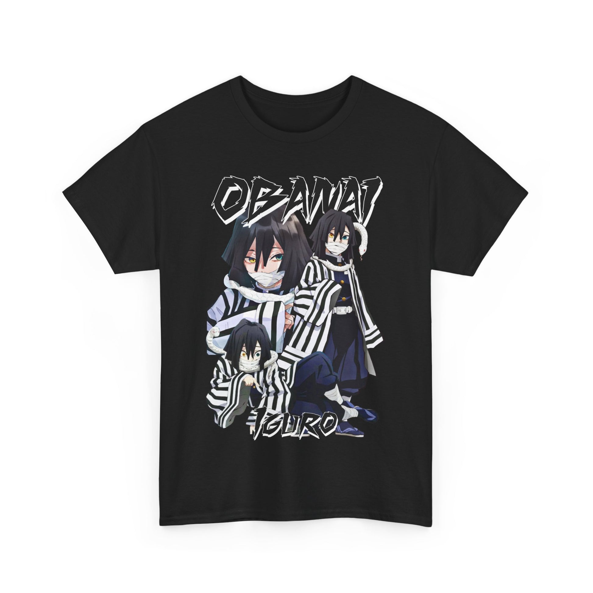 Sophisticated black T-shirt adorned with a striking design of Obanai Iguro, combining allure with contemporary anime culture.