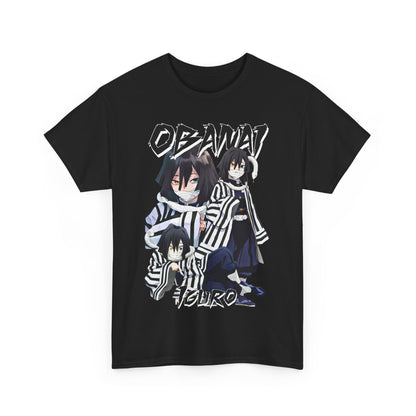 Sophisticated black T-shirt adorned with a striking design of Obanai Iguro, combining allure with contemporary anime culture.