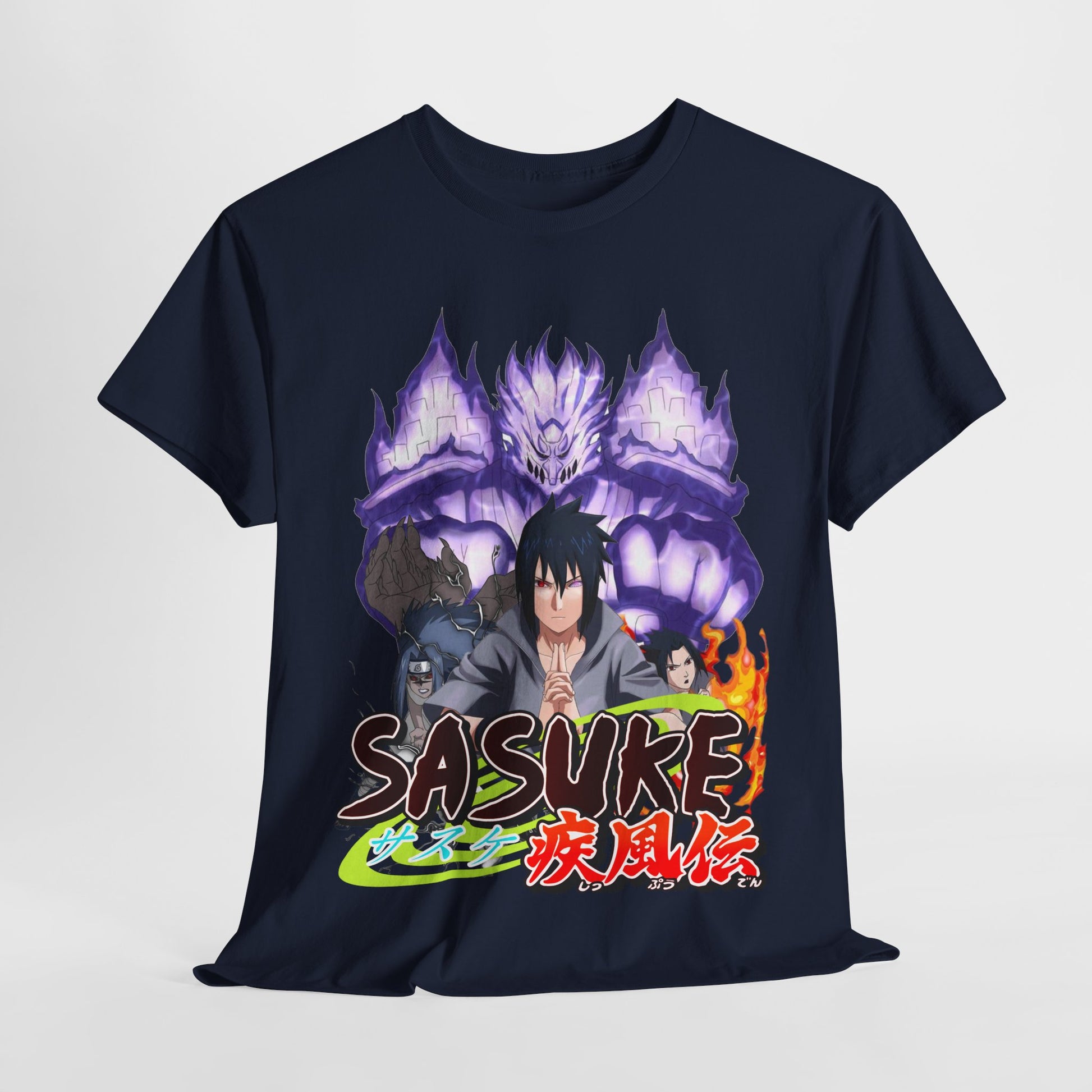 Luxurious Sasuke Graphic Tee featuring vibrant artwork of Sasuke in his powerful form against a striking purple backdrop, ideal for anime enthusiasts.