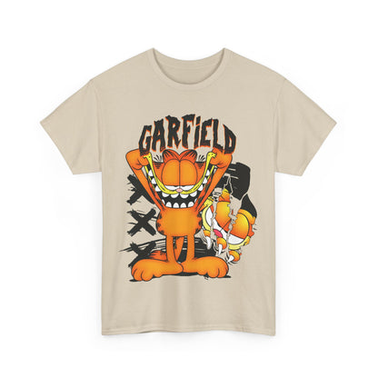 Front view of the Garfield Unisex Graphic T-Shirt in a sophisticated beige color, featuring the vibrant Garfield design, ideal for bringing charm to any casual outfit.