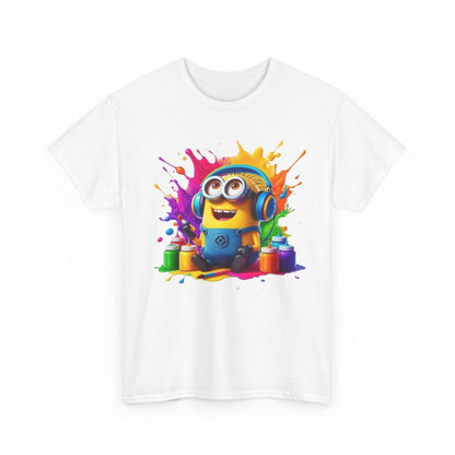 Men's Funny Minion Paint Splash T-Shirt displaying a lively Minion artist amid colourful paint splashes, ideal for adding a touch of whimsy to your wardrobe. A must-have for Minions fans!