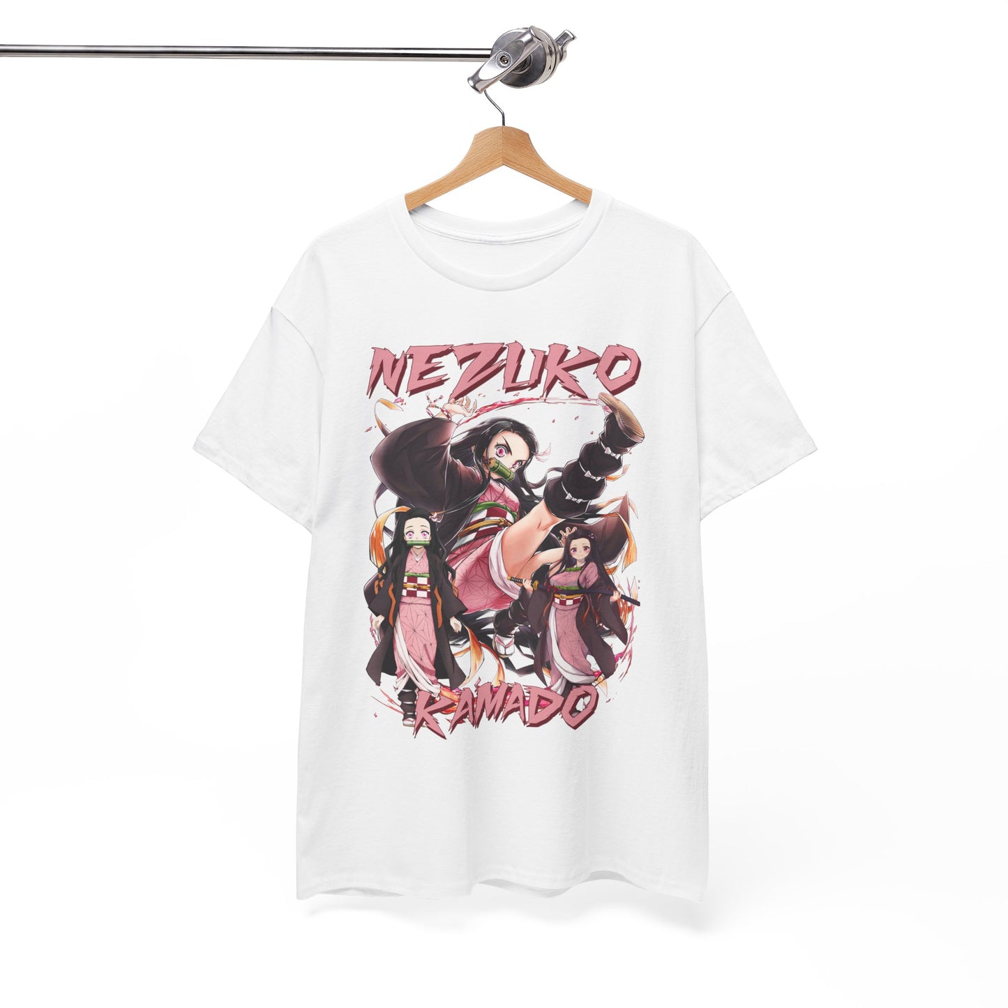 Nezuko Kamado T-Shirt showcased elegantly on a hanger, highlighting its captivating design and premium material, ideal as a gift for any anime aficionado.