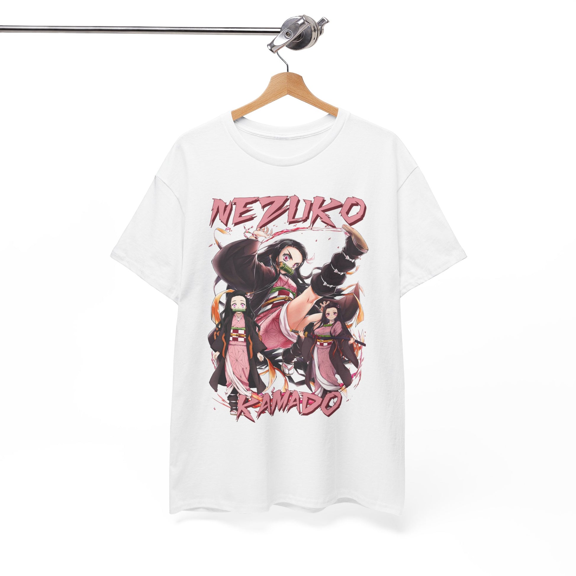 Nezuko Kamado T-Shirt showcased elegantly on a hanger, highlighting its captivating design and premium material, ideal as a gift for any anime aficionado.
