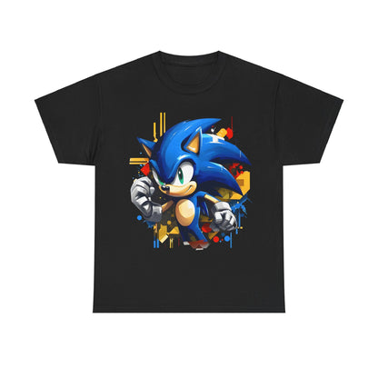 Sonic The Hedgehog Unisex Graphic Tee - Stunning art featuring Sonic in dynamic pose with vibrant geometric patterns on a black background, blending luxury and nostalgia.