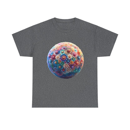 Iridescent Floral Sphere Unisex Cotton Tee Graphic T Shirt in dark grey featuring a luxurious iridescent floral sphere graphic.