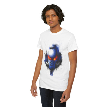 Charming individual showcasing a white t-shirt with an artistic blue and orange helmet graphic, radiating elegance and a unique sense of style, suitable for a fashionable lifestyle.