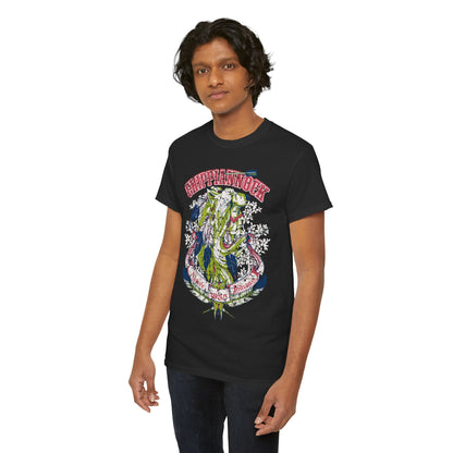 Dapper young man wearing a black graphic t-shirt adorned with a striking Native American theme, representing strength and identity.