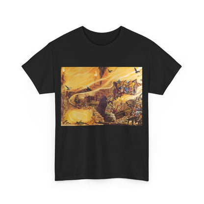 Front view of the Discworld Color of Magic Graphic Unisex T Shirt featuring vibrant artwork, a stylish tribute to Terry Pratchett's iconic novel.