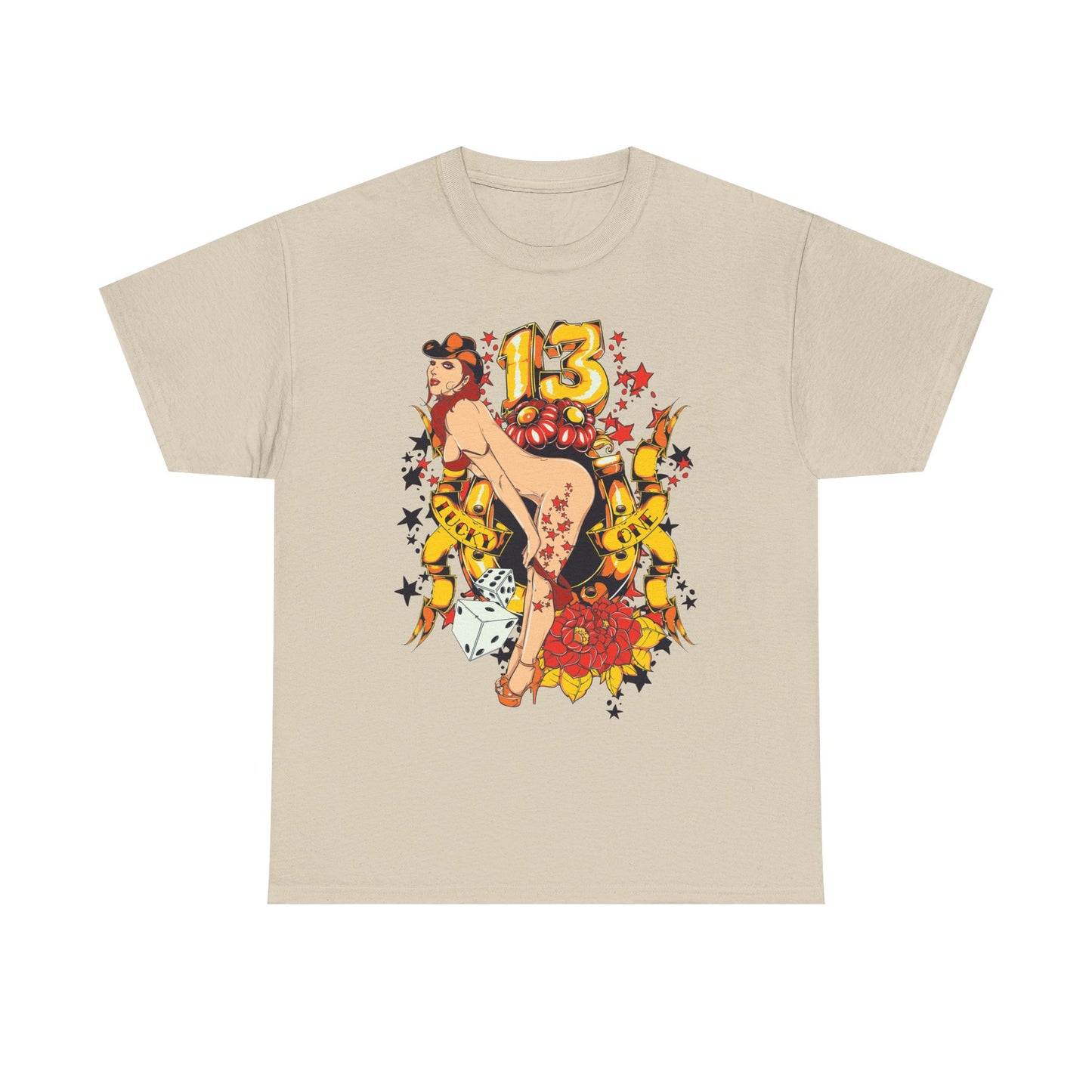 Dazzling Dreams Bold Gold 13 Cartoon Inspired Men's T-Shirt featuring a confident cartoon woman striking a playful pose with vibrant gold number 13.