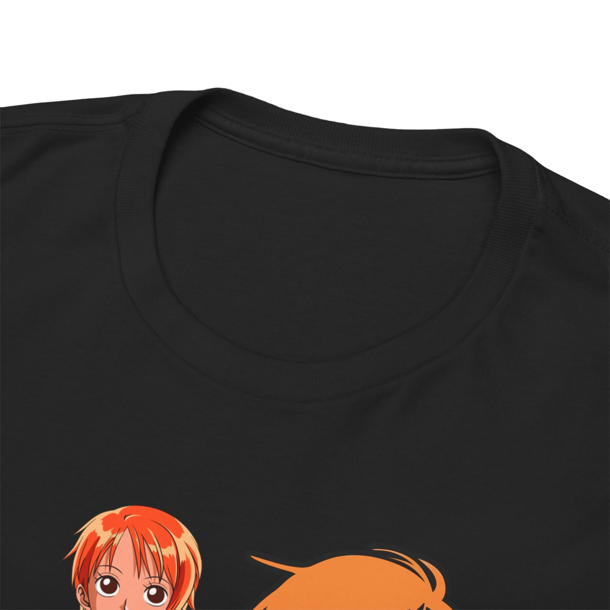 Close-up of the neckline detail on a luxurious black t-shirt, showcasing intricate Nami anime artwork from One Piece, ideal for those seeking comfort and high-quality fashion.