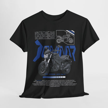 Sophisticated black Dominar 400 men's T-shirt displayed with eye-catching graphics, highlighting the motorcycle's impressive features and speed, ideal for motorcycle enthusiasts.