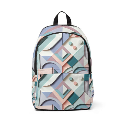 Chic Modern Geometric Pastel Backpack showcasing a stunning geometric pattern in soft pastel colours, including baby blue, soft pink, and mint green, perfect for stylish travel.