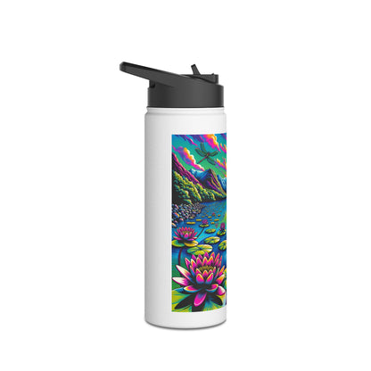 Fantasy Paddleboarding Stainless Steel Water Bottle beautifully adorned with lotus flowers, capturing the essence of luxury hydration for adventure lovers.