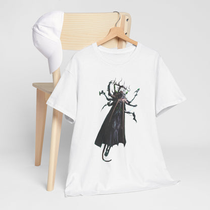 Chic unisex t-shirt featuring a fantasy creature design, styled beside a modern cap on a wooden chair, showcasing casual yet sophisticated fashion.