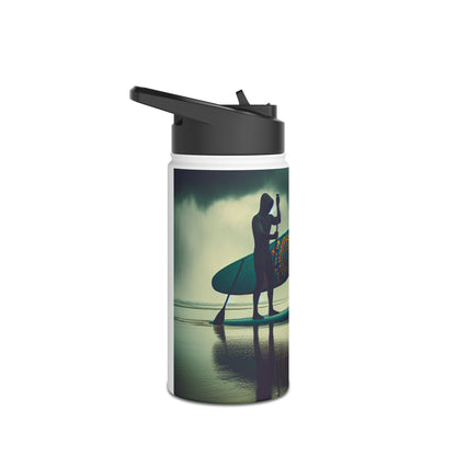 Stylish Fantasy Paddleboarding Stainless Steel Water Bottle with a sleek profile, highlighting a paddleboarder silhouette complemented by captivating graphics.