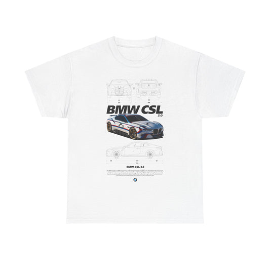 Luxurious men's white T-shirt featuring a striking BMW CSL 3.0 race car graphic, showcasing detailed sketches and dynamic design elements—perfect for automotive enthusiasts.