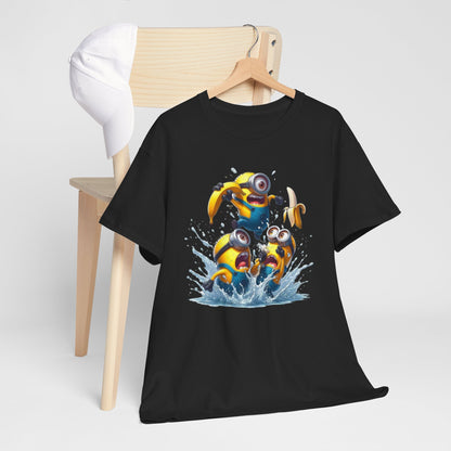Casual Men's Funny T-Shirt: Minions Banana Splash displayed on a wooden chair, showcasing vibrant Minions character design. T Shirt, Funny, Minions.