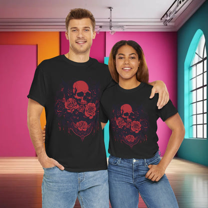 Stylish Skulls and Roses Cotton Tee in black for both genders, exhibiting a bold steampunk aesthetic. This premium unisex graphic shirt beautifully combines edgy imagery with comfort, perfect for turning heads at events or casual outings.