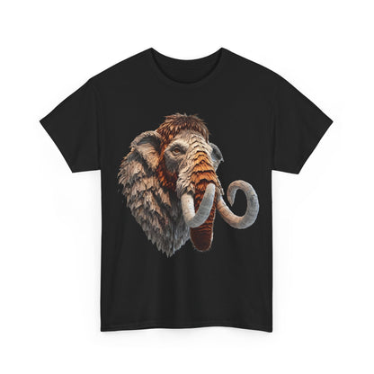 Front view of the Mammoth Majesty Unisex Graphic Tee, elegantly displaying intricate artwork of a mammoth, crafted from newspaper-inspired design.