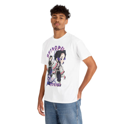 Fashionable male model wearing a white T-shirt featuring Shinobu Kocho from Demon Slayer, embodying modern anime-inspired style.