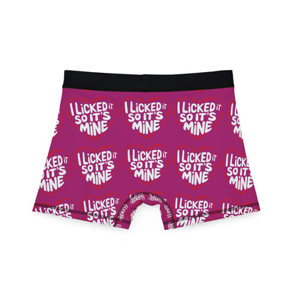 Stylish back view of Valentine's Naughty Cheeky Men's Boxer Briefs showcasing the humorous print 'I LICKED IT SO IT'S MINE' surrounded by heart graphics, perfect for romantic and cheeky surprises.
